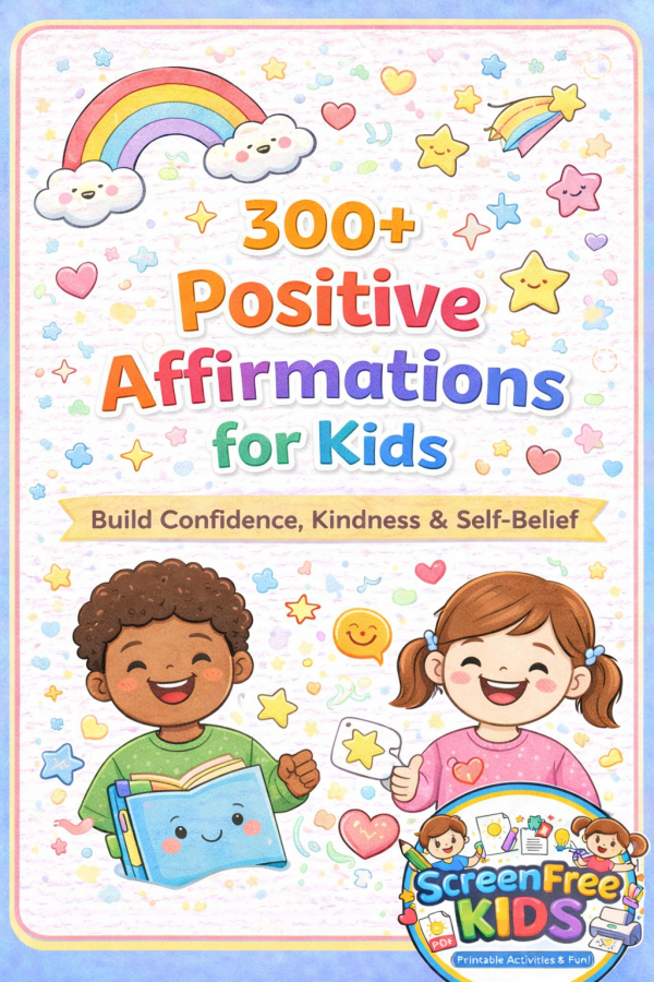Positive Affirmations for Kids workbook showing All About Me sheet and 300+ I Am statements