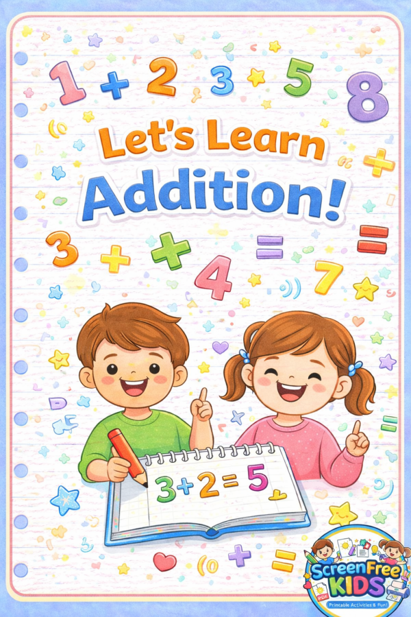Addition Math Workbook for Kids cover featuring cartoon children learning math