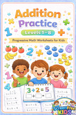 Addition Practice Levels 1-8 cover showing progressive math worksheets for kids