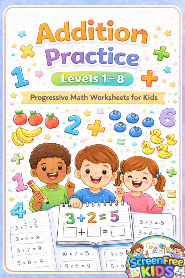 Addition Practice Levels 1-8 cover showing progressive math worksheets for kids