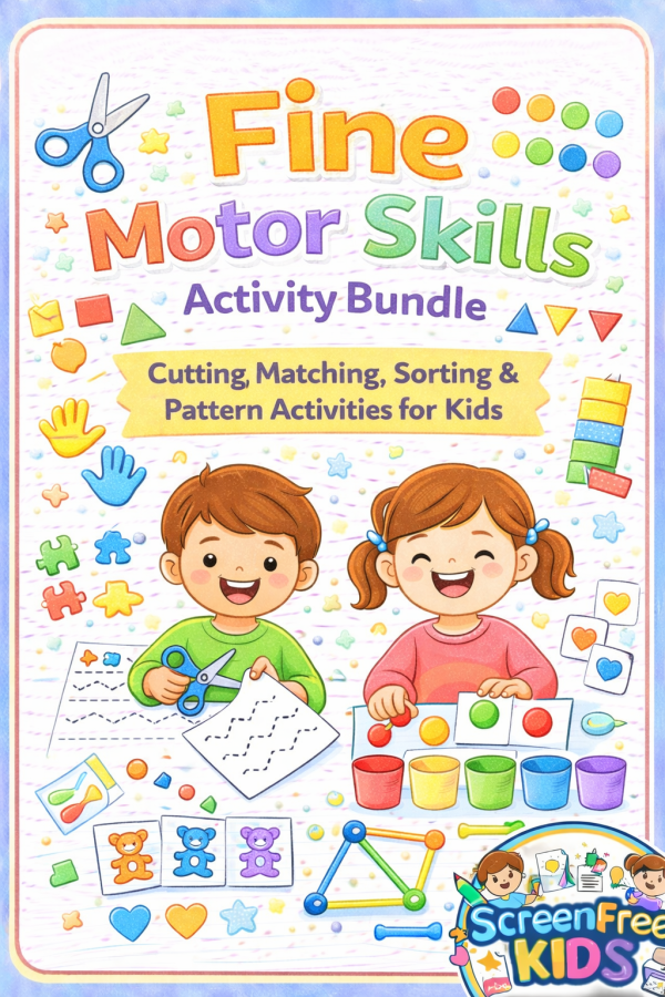 Fine Motor Skills Activity Bundle cover showing cutting and sorting worksheets