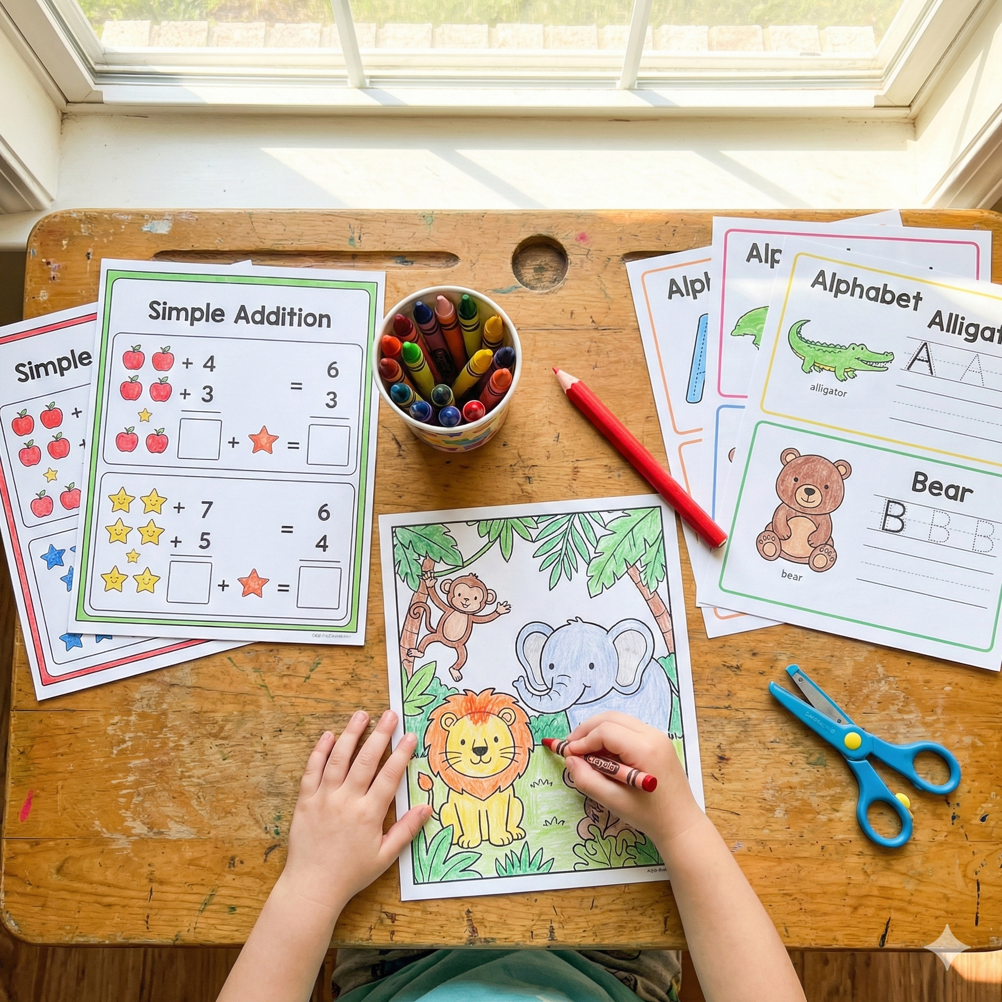 Flat lay of printable kids activity worksheets on a wooden desk with crayons and child's hands coloring.