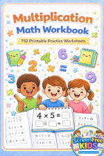 Multiplication Math Workbook for Kids cover featuring cartoon children learning math