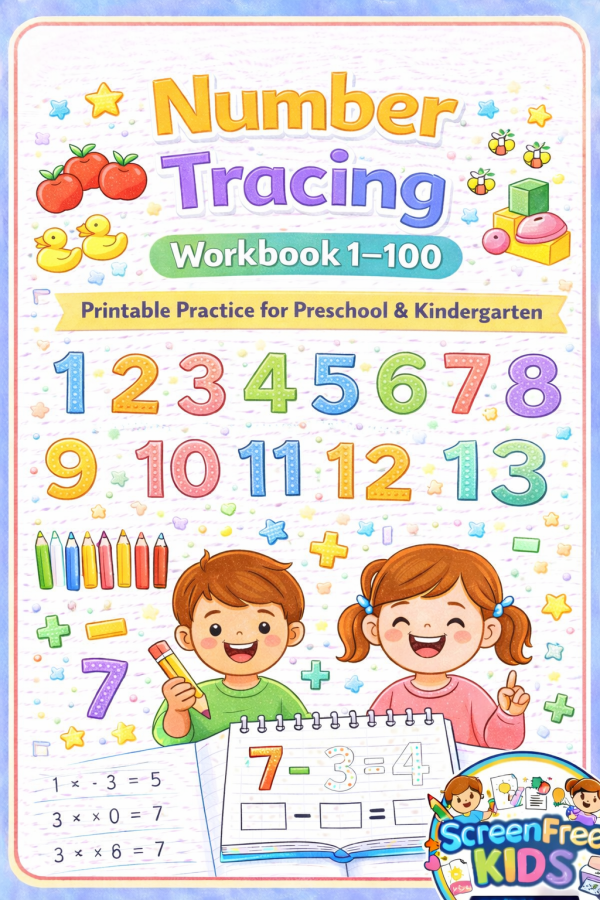 Number Tracing Workbook 1-100 cover featuring cartoon children and numbers