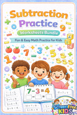Subtraction Practice Worksheets Bundle cover featuring cartoon children learning math