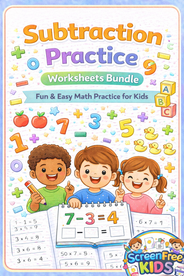 Subtraction Practice Worksheets Bundle cover featuring cartoon children learning math