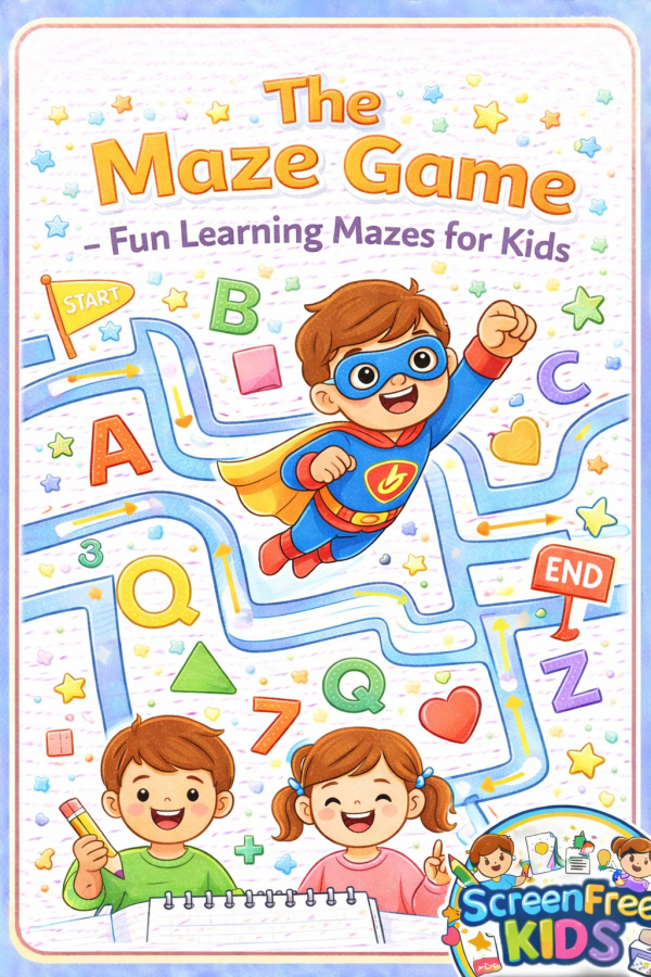Maze Worksheets for Kids cover showing alphabet and shape puzzles