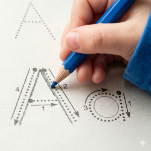 Close up of a child's hand holding a pencil and tracing the letter A on a handwriting practice worksheet.