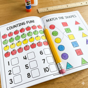 Open kindergarten math workbook showing colorful counting exercises and shape matching activities.