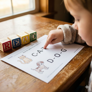 Child learning to read using a phonics worksheet with CVC words and wooden alphabet blocks.